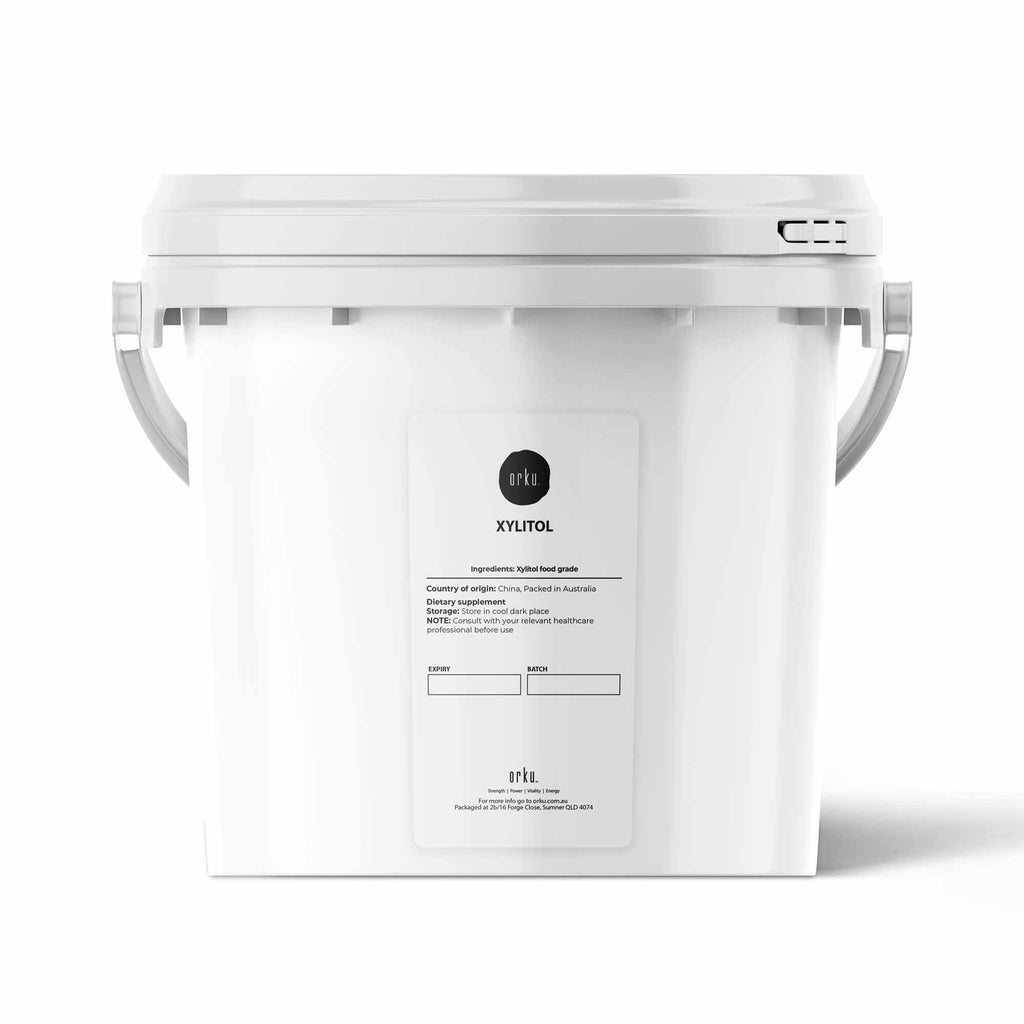 White Orku xylitol crystal powder natural sugar substitute in a 5kg resealable bulk tub