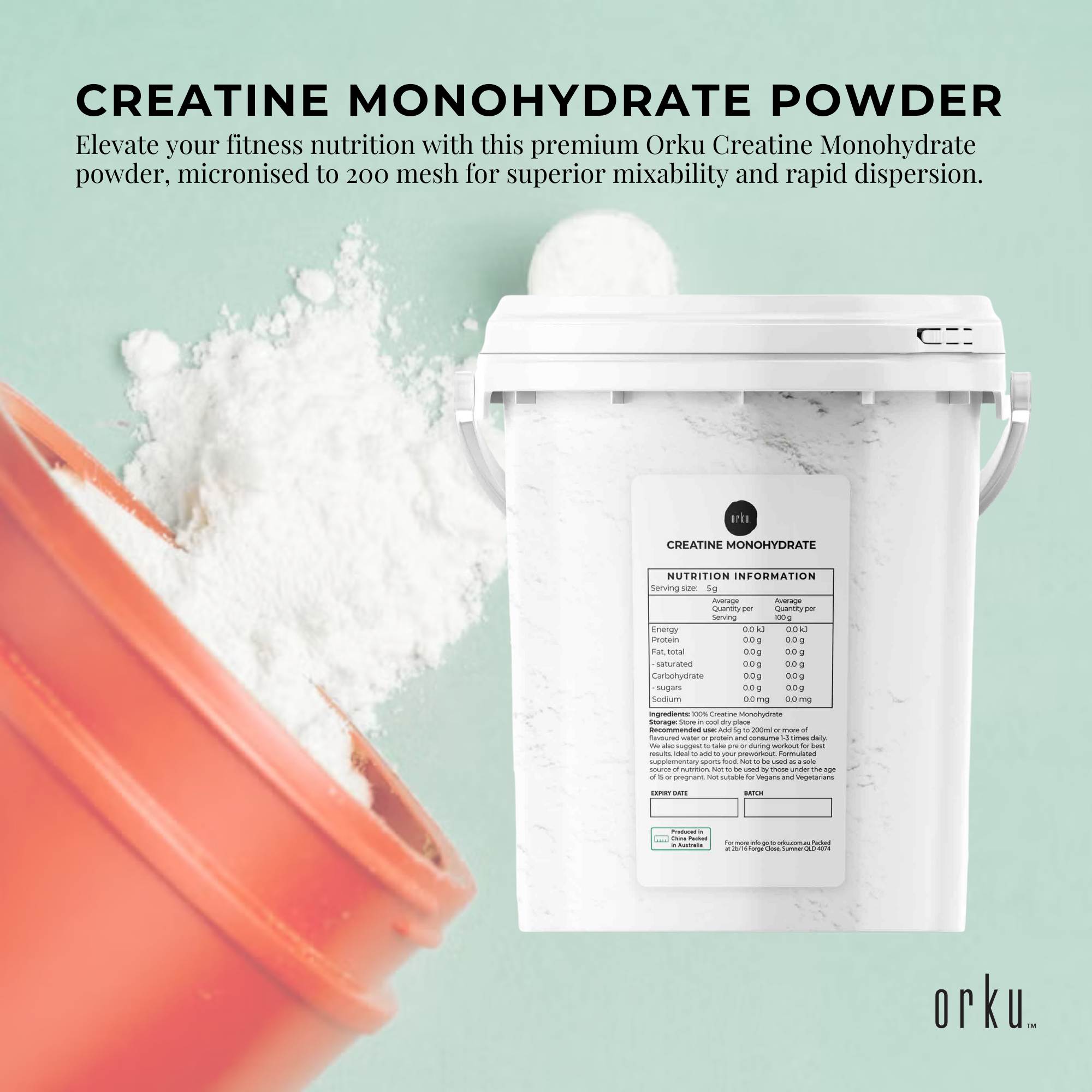 Orku 800g micronised creatine monohydrate powder in a white unflavoured resealable tub — view 2