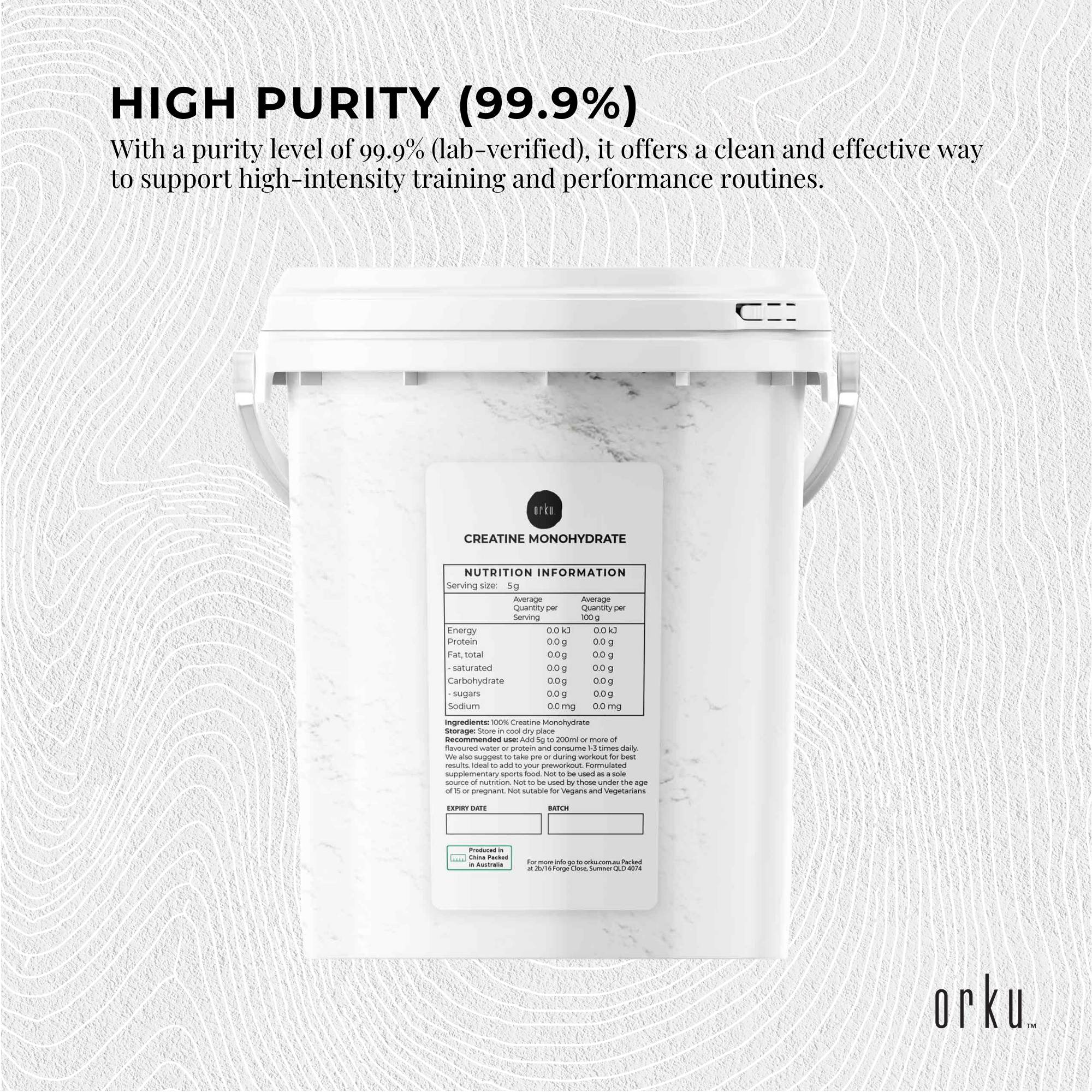 Orku 800g micronised creatine monohydrate powder in a white unflavoured resealable tub — view 3
