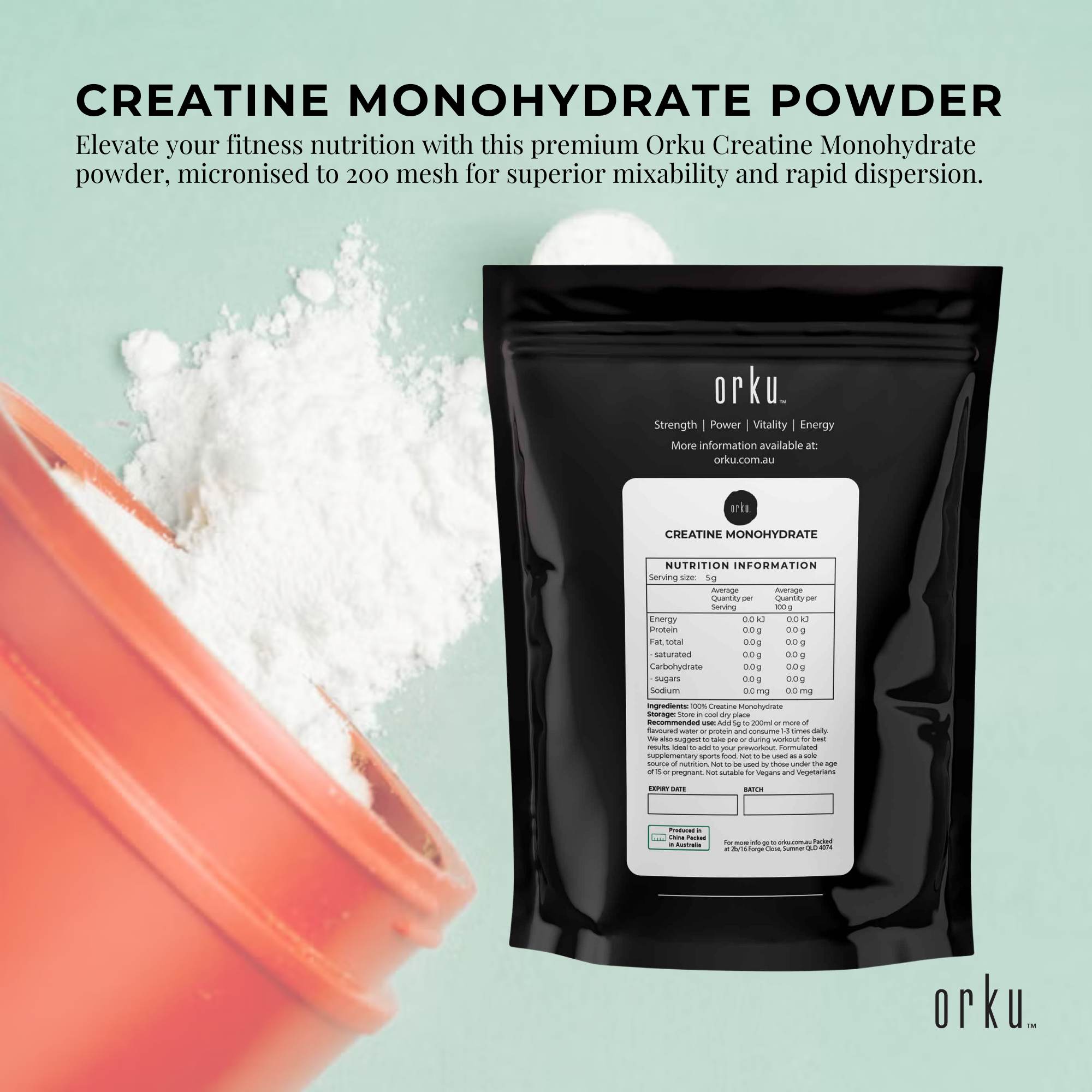 Pure unflavoured creatine powder in a white resealable pouch for daily sports and fitness routines — view 2