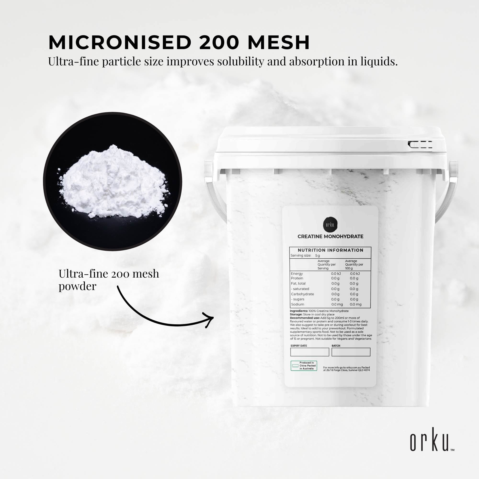 Orku creatine monohydrate unflavoured micronised powder in a re-sealable tub for sports nutrition — view 4
