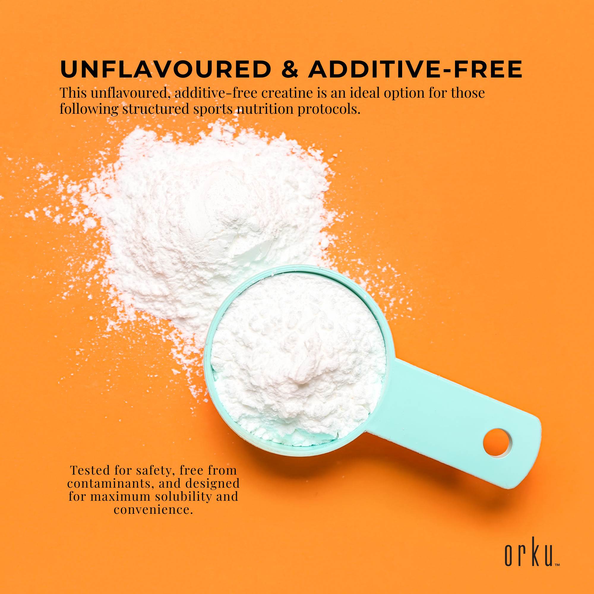 Orku creatine monohydrate unflavoured micronised powder in a re-sealable tub for sports nutrition — view 5