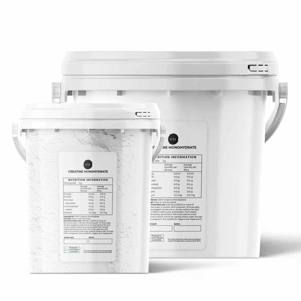 Orku creatine monohydrate unflavoured micronised powder in a re-sealable tub for sports nutrition
