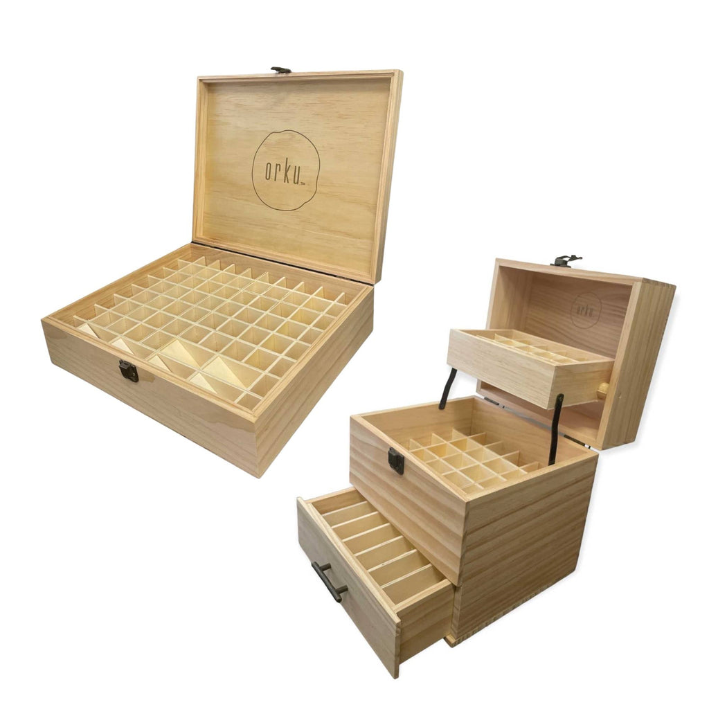 Essential oil storage box in natural pine wood with internal bottle divider slots.