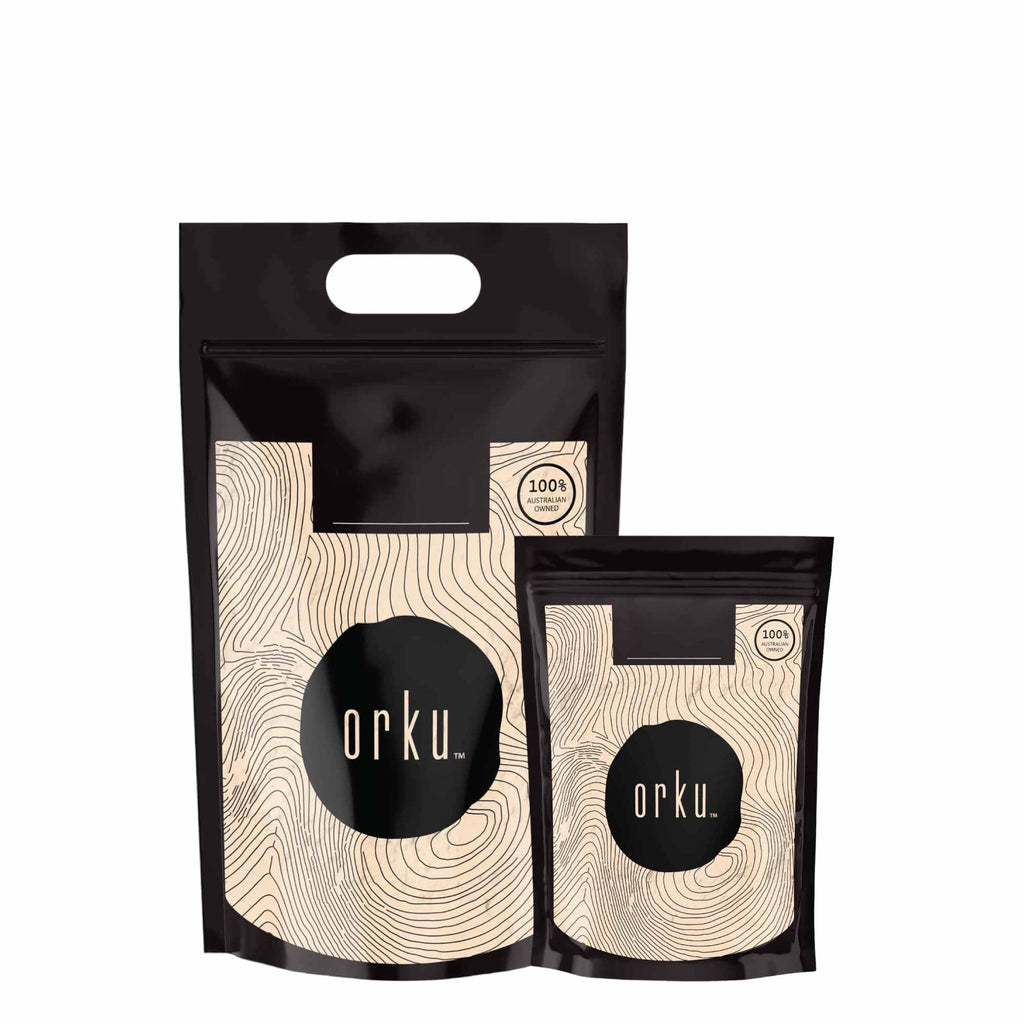 Orku fine yellow pea protein isolate powder in a convenient resealable pouch packaging