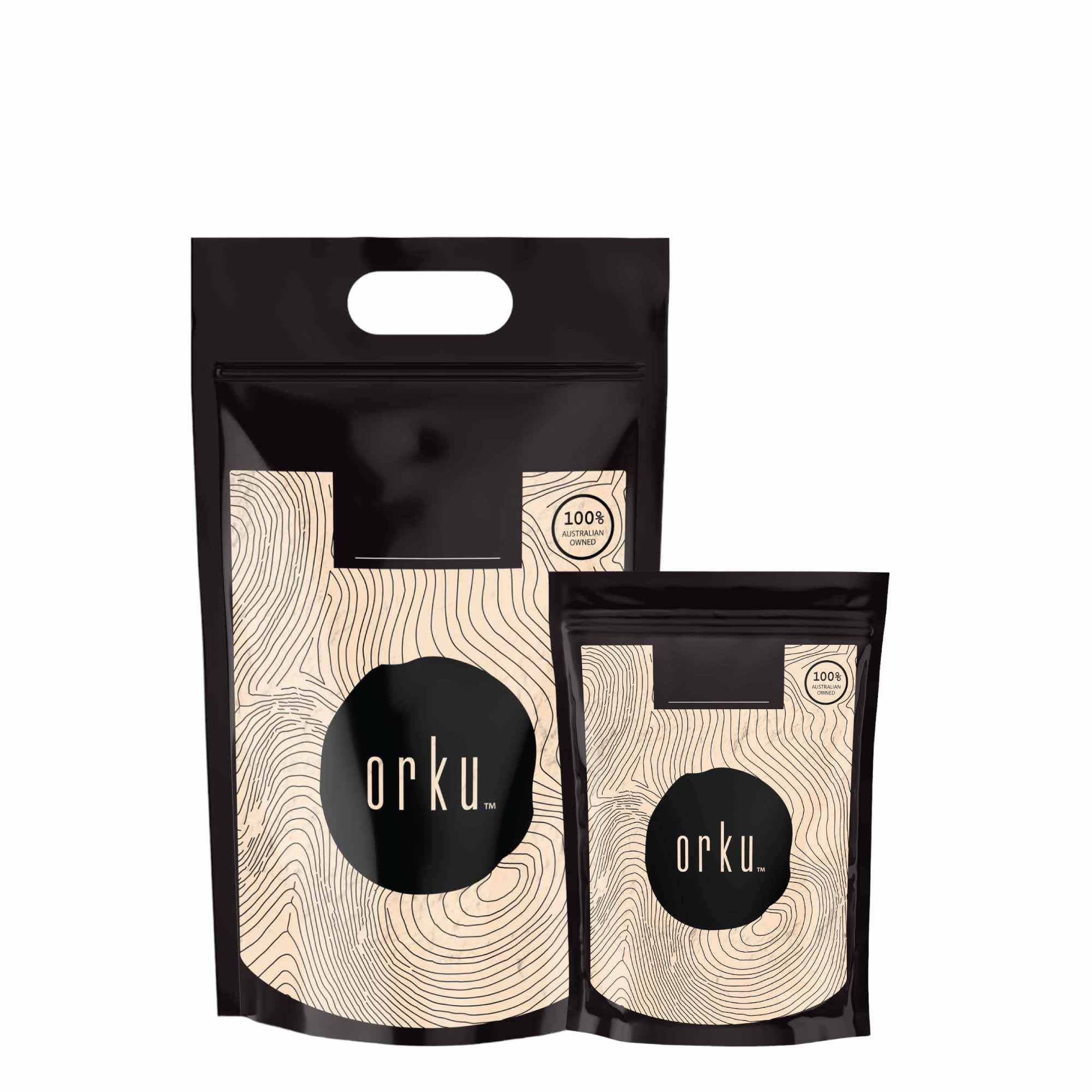 Orku fine yellow pea protein isolate powder in a convenient resealable pouch packaging
