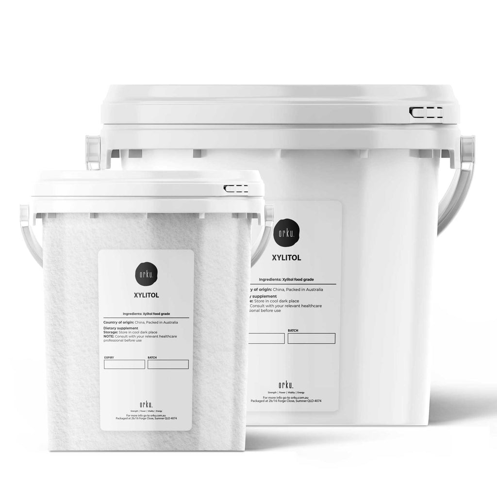 Orku xylitol crystal powder natural sugar substitute in a white bucket for cooking and baking