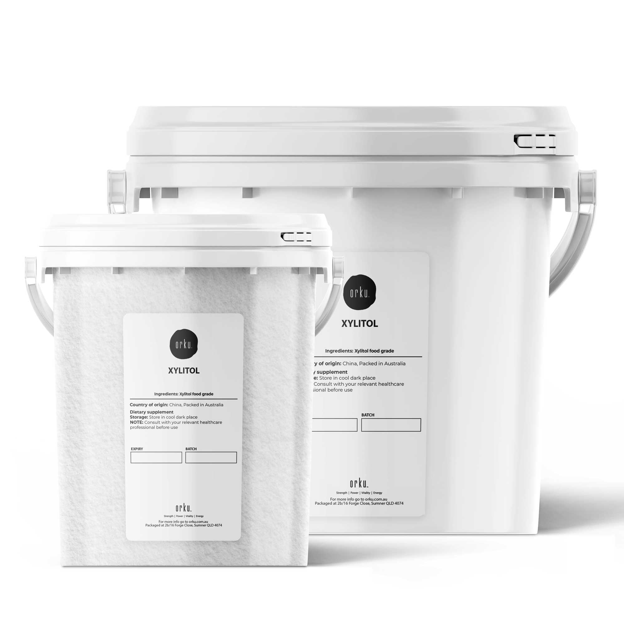 Orku xylitol crystal powder natural sugar substitute in a white bucket for cooking and baking