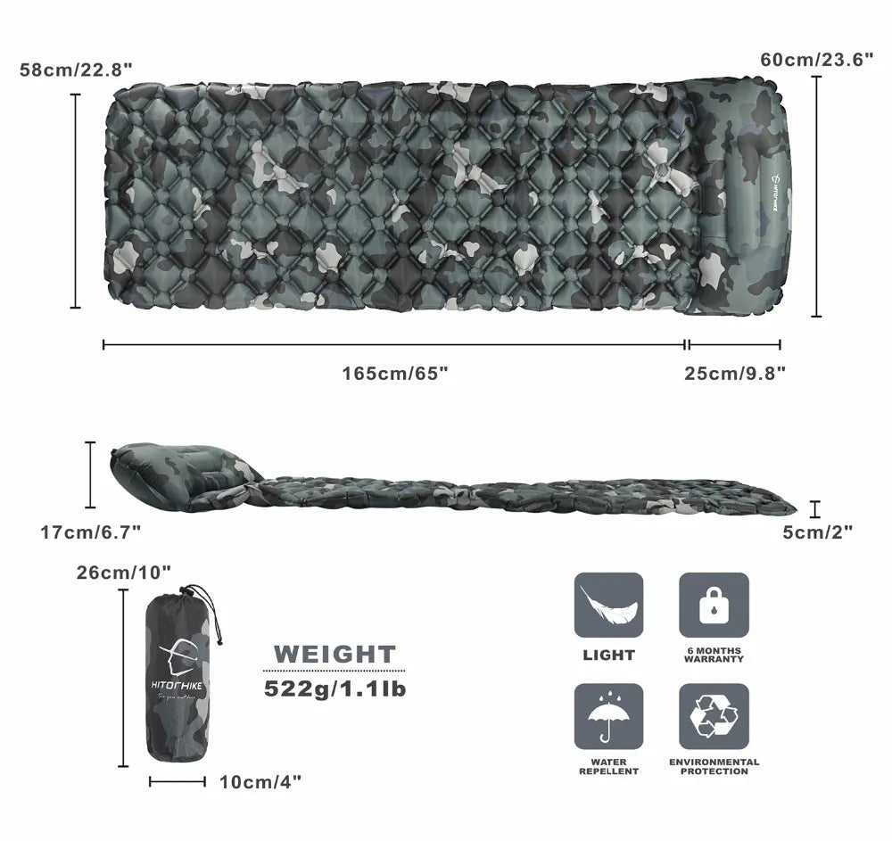 Inflatable sleeping pad with built-in pillow, lightweight nylon camping mattress for outdoor hiking trips. — view 2