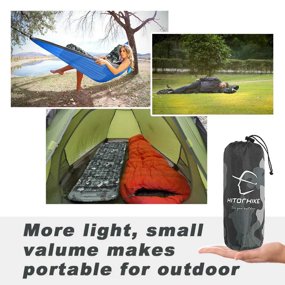 Inflatable sleeping pad with built-in pillow, lightweight nylon camping mattress for outdoor hiking trips. — view 5
