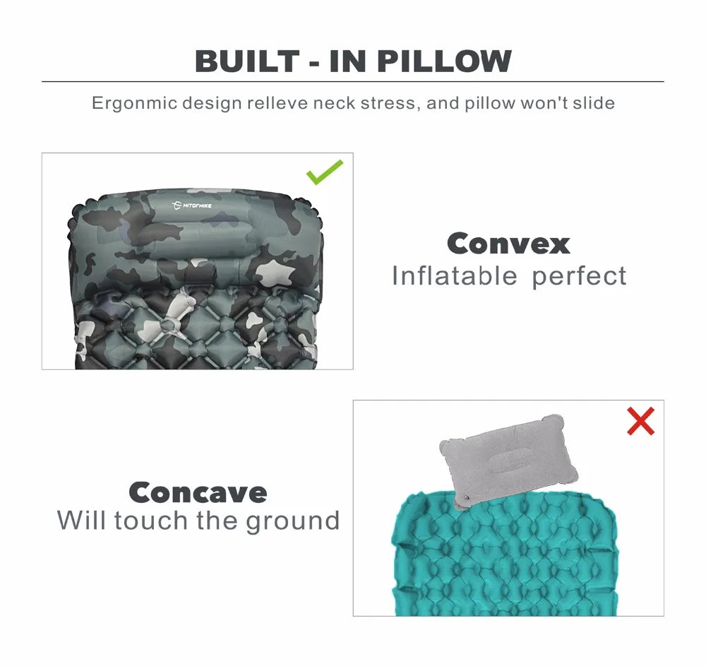 Inflatable sleeping pad with built-in pillow, lightweight nylon camping mattress for outdoor hiking trips. — view 4