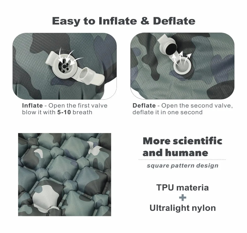 Inflatable sleeping pad with built-in pillow, lightweight nylon camping mattress for outdoor hiking trips. — view 3