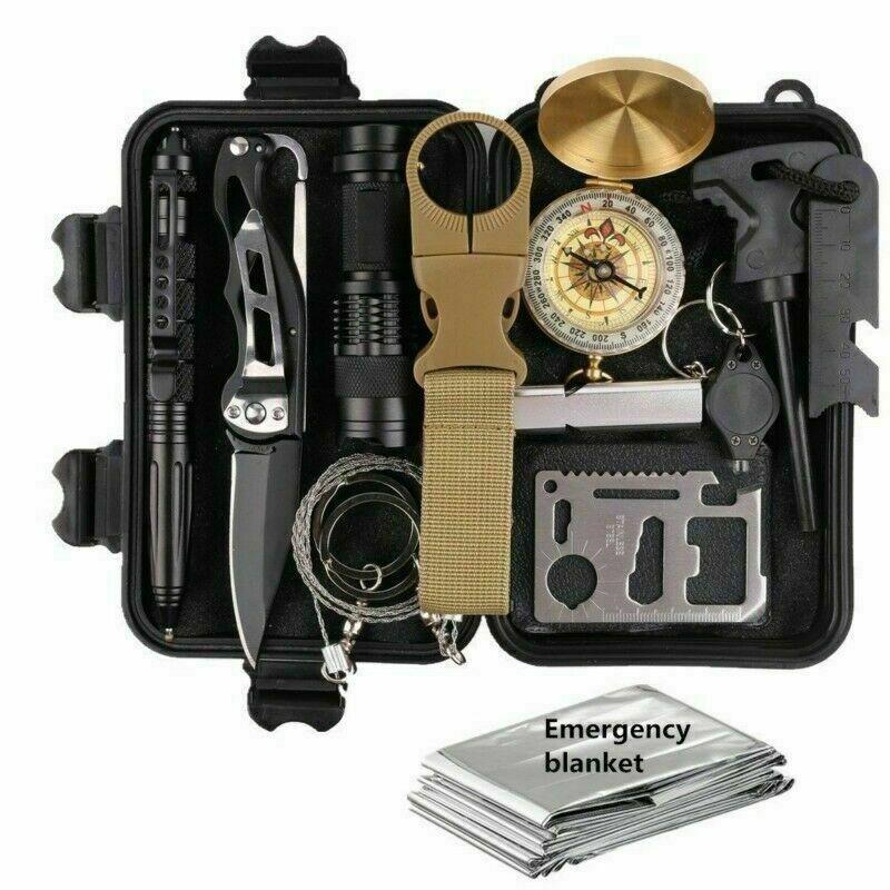 14-in-1 outdoor survival kit with flashlight compass thermal blanket and multi-tools in black waterproof case