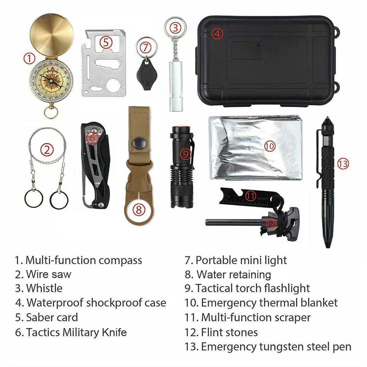 14-in-1 outdoor survival kit with flashlight compass thermal blanket and multi-tools in black waterproof case — view 2