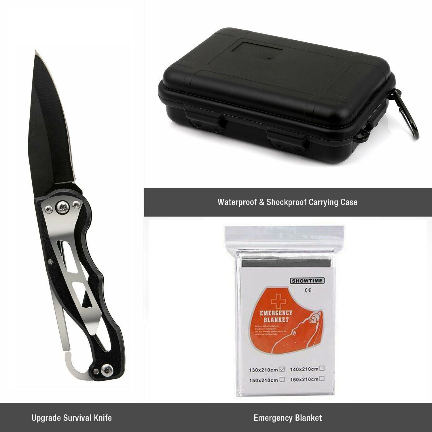 14-in-1 outdoor survival kit with flashlight compass thermal blanket and multi-tools in black waterproof case — view 4
