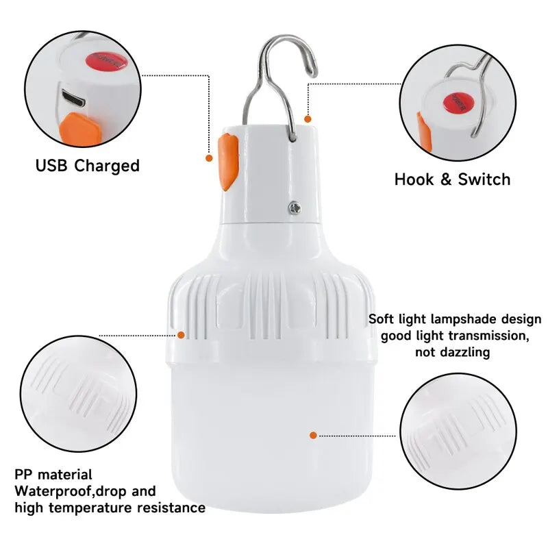 Rechargeable LED outdoor camping lantern bulb emitting bright white light alongside a USB charging cable — view 4