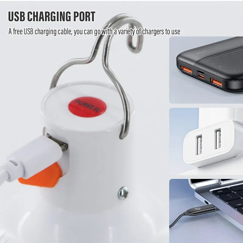 Globe-shaped USB rechargeable LED camping lantern with hanging hook and charging cable — view 5