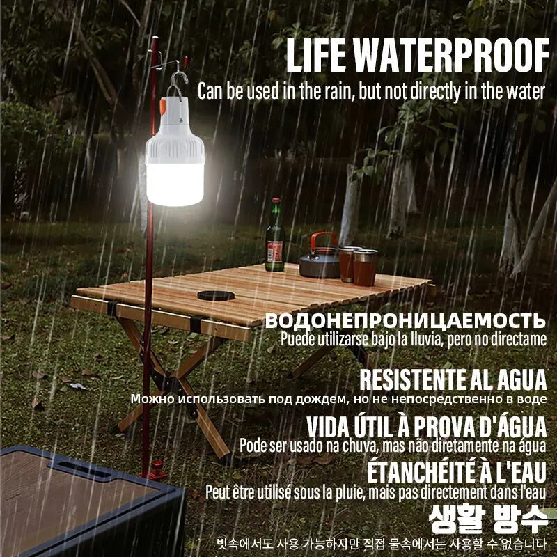 Globe-shaped USB rechargeable LED camping lantern with hanging hook and charging cable — view 3