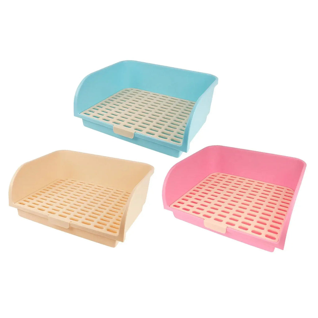 Large corner rabbit litter box in plastic with removable mesh grid and high splash walls — view 2