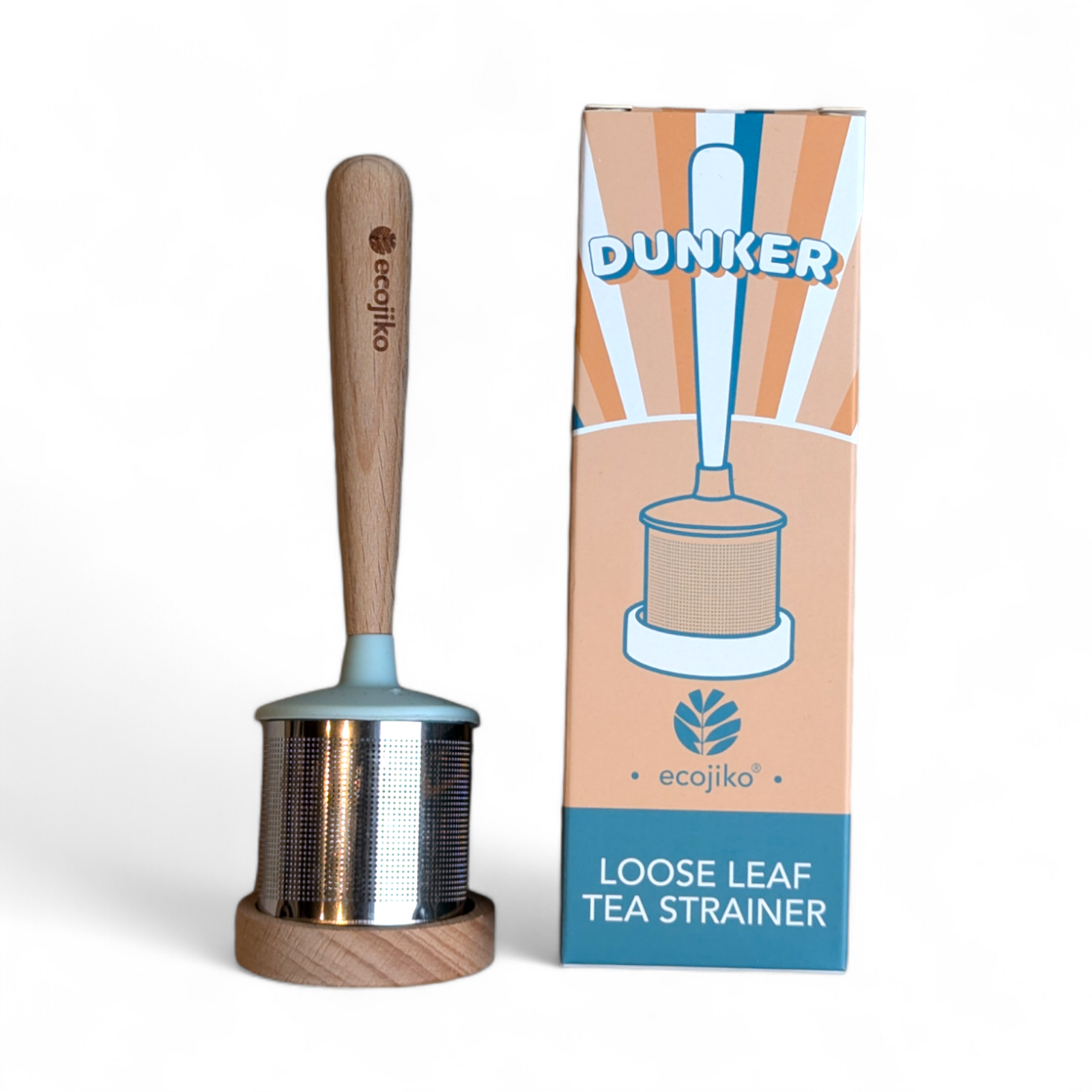 Stainless steel loose leaf tea strainer with beech wood handle and matching wooden drip tray.