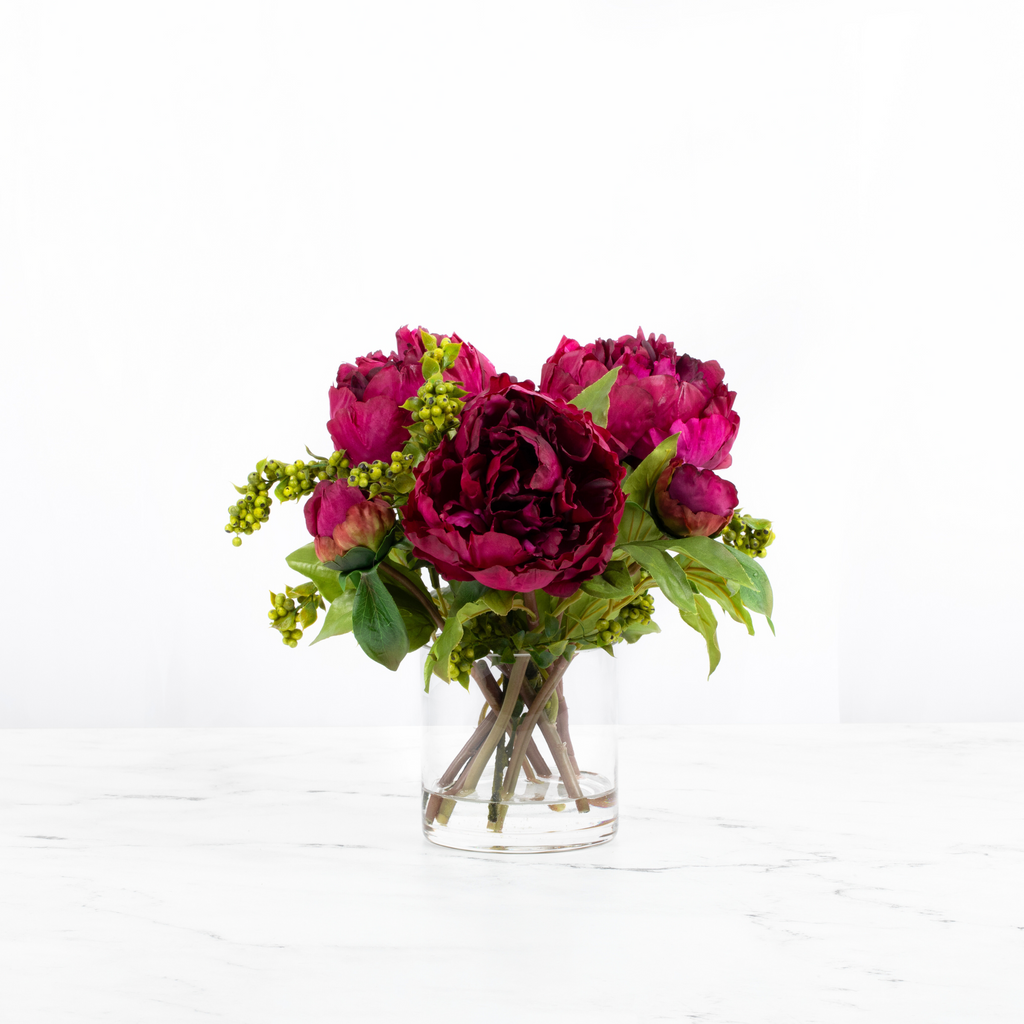 Real touch peony arrangement in glass vase - 10"-4