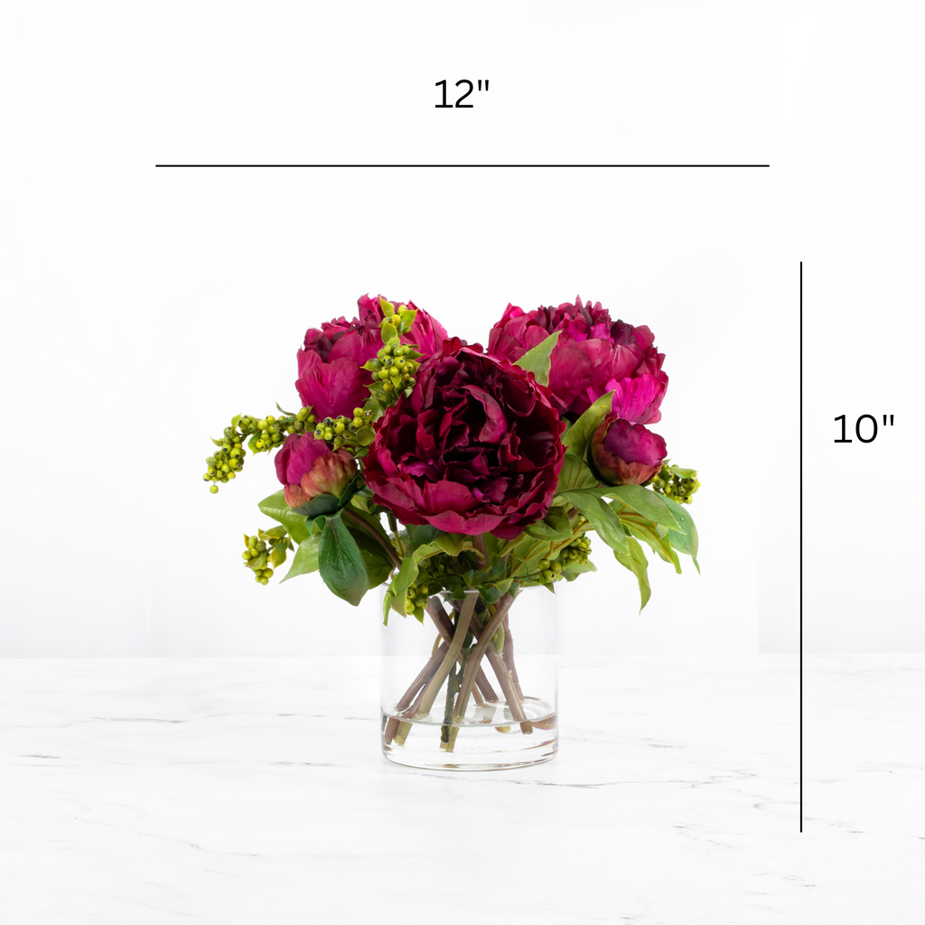 Real touch peony arrangement in glass vase - 10"-1