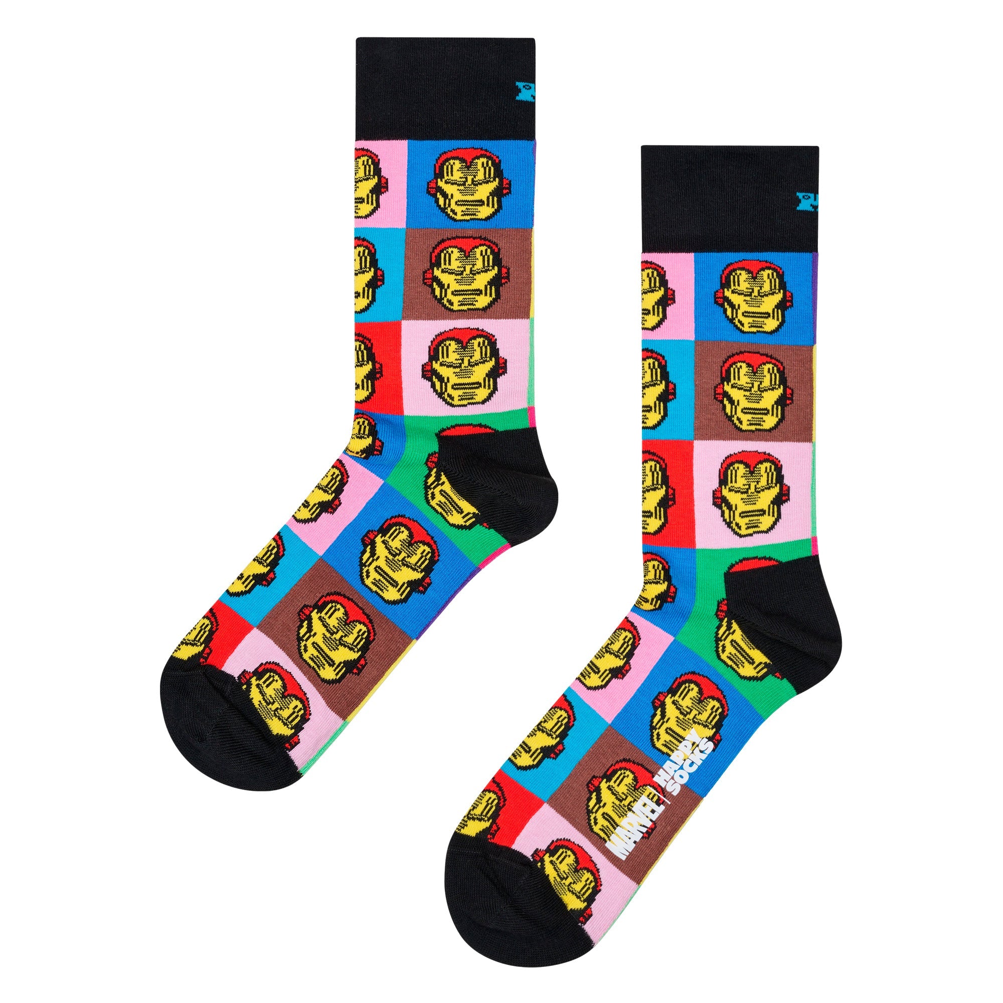 Mens Marvel Iron Man novelty crew socks featuring classic comic panels and red superhero helmet.