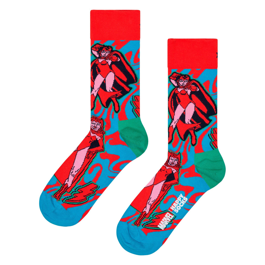 Red and blue Marvel Scarlet Witch novelty crew socks made from organic cotton
