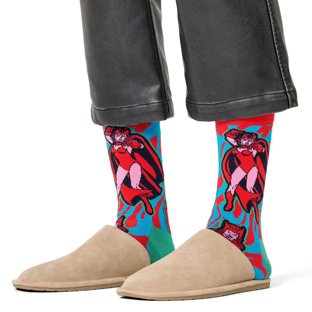Red and blue Marvel Scarlet Witch novelty crew socks made from organic cotton — view 3