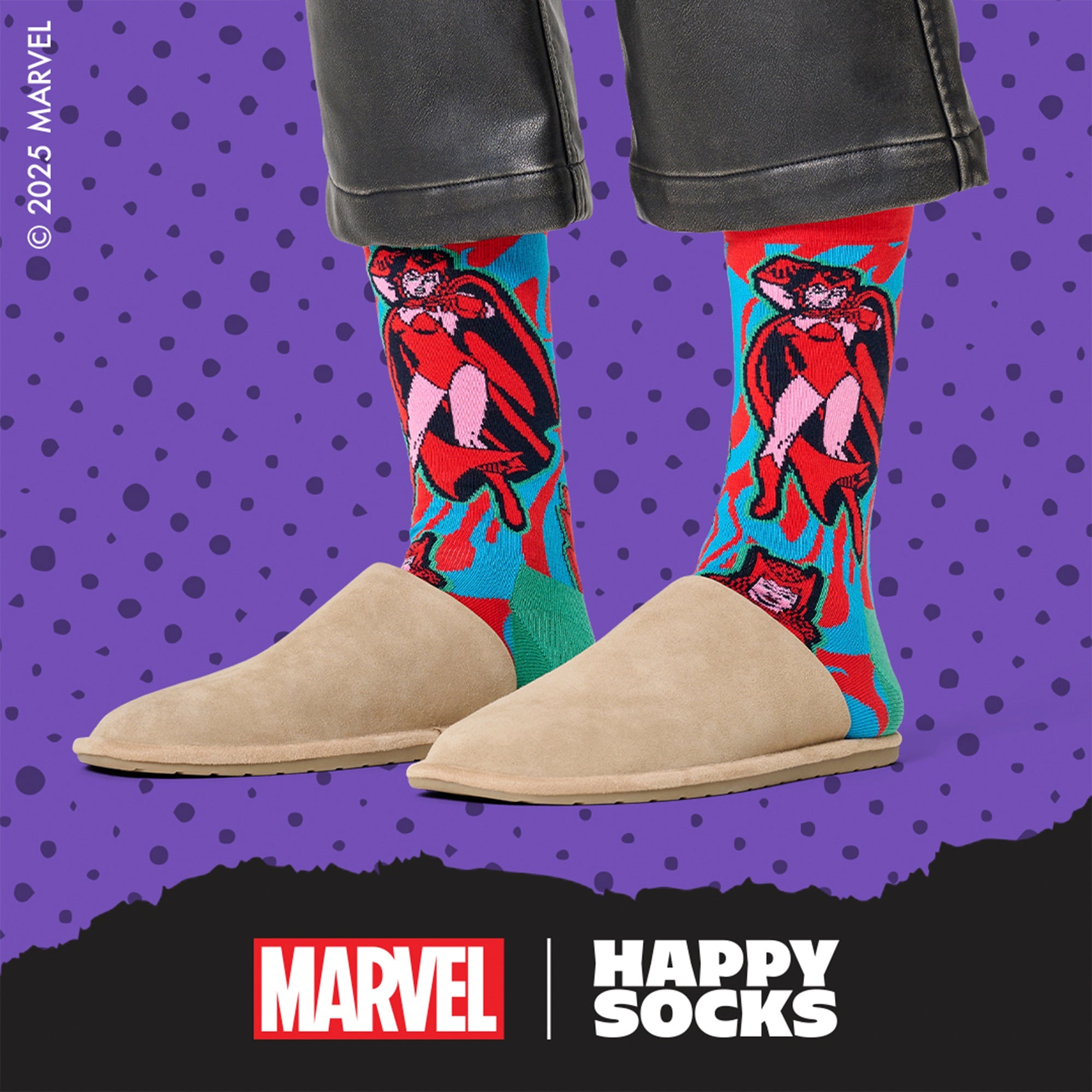Red and blue Marvel Scarlet Witch novelty crew socks made from organic cotton — view 4