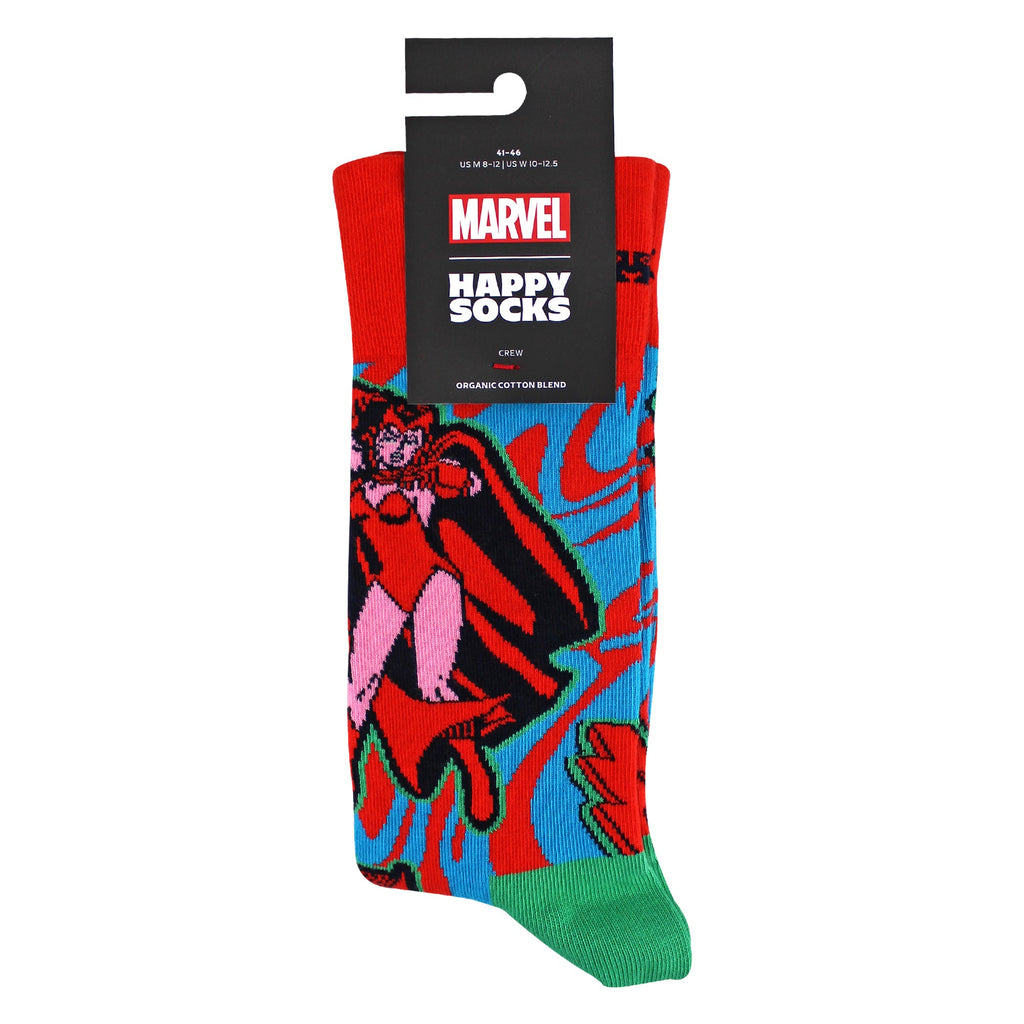 Red and blue Marvel Scarlet Witch novelty crew socks made from organic cotton — view 2