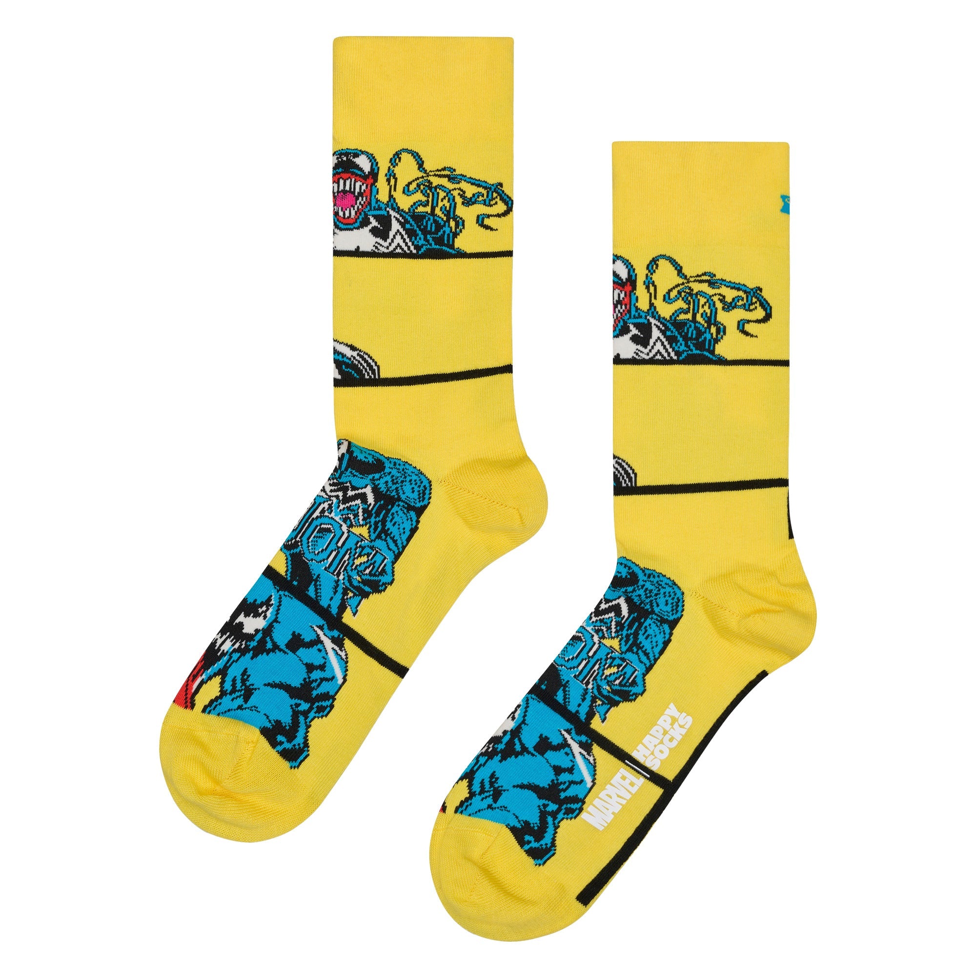 Men's yellow Marvel Symbiote crew socks made from an organic cotton blend.