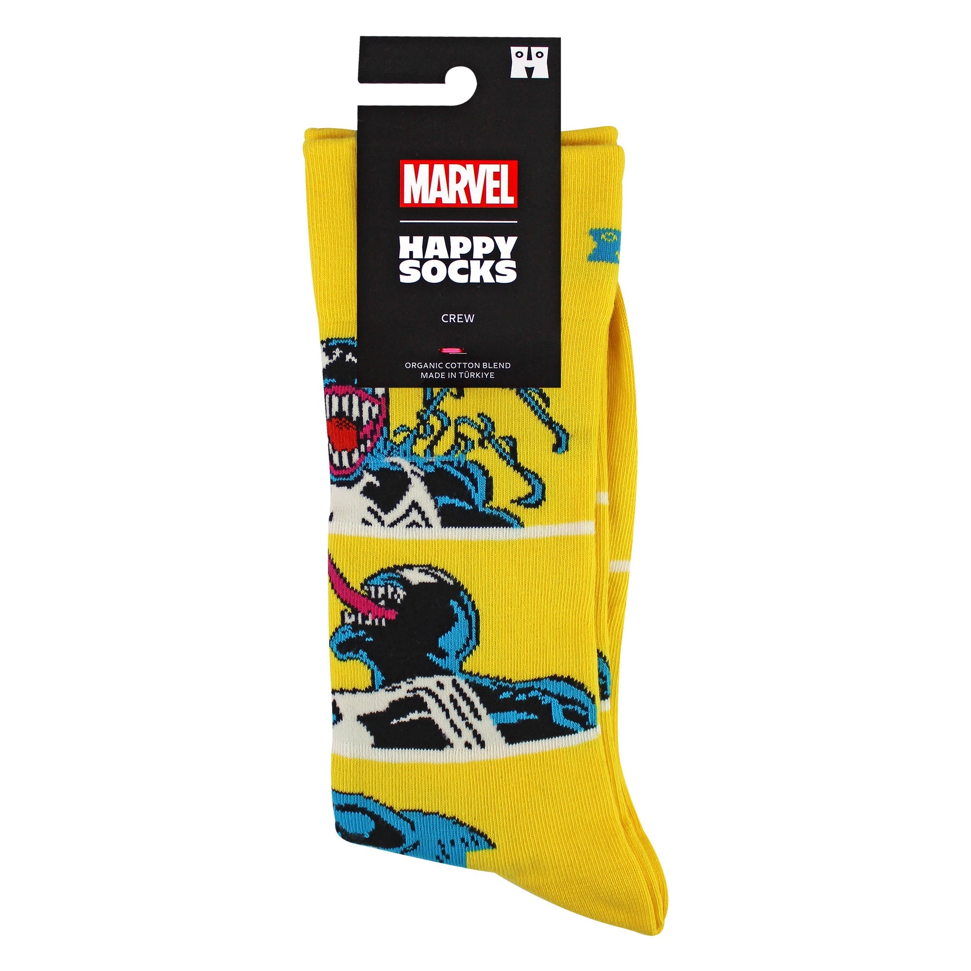 Men's yellow Marvel Symbiote crew socks made from an organic cotton blend. — view 2