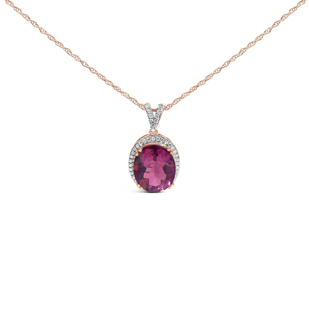 14K Rose Gold Vermeil Sterling Silver 1/5 Cttw Diamond Pink Quartz Oval Pendant Necklace-0