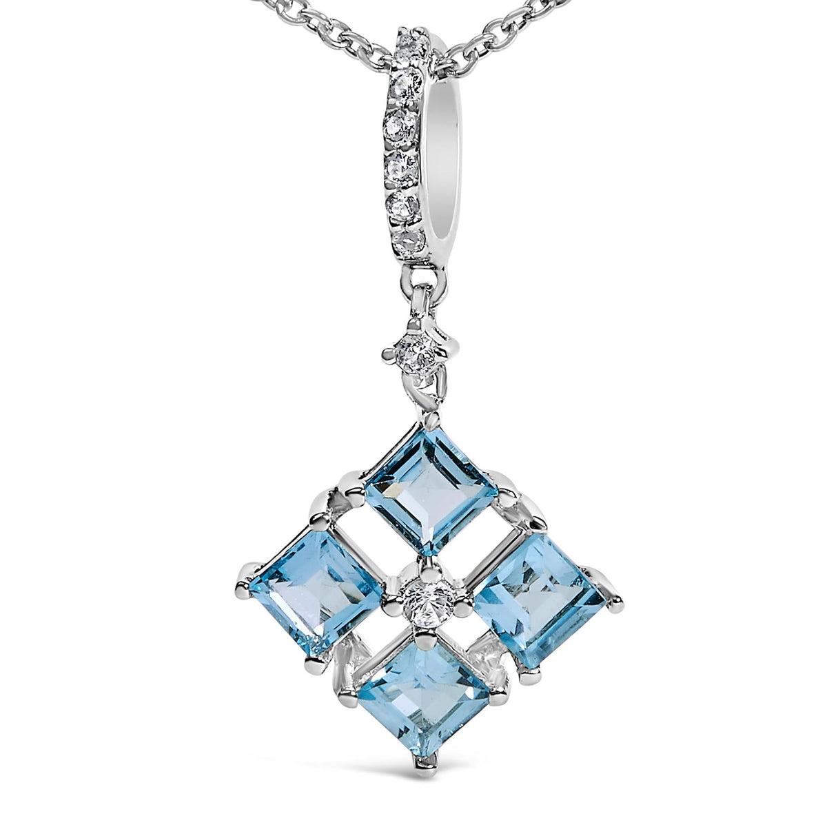 Sterling Silver Blue Topaz and White Sapphire Square Motif Pendant Necklace 18 Inch-1