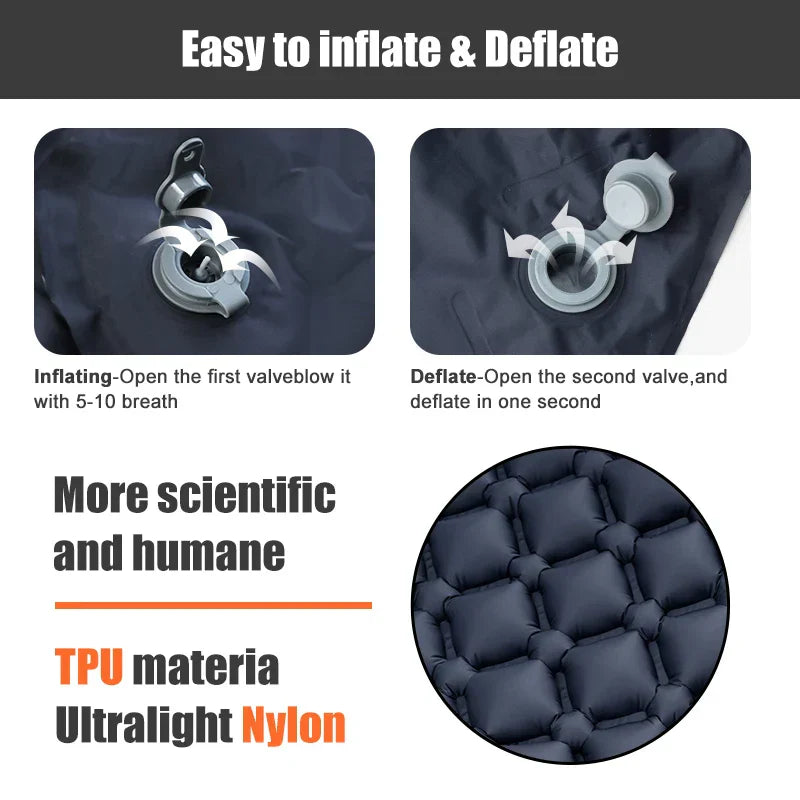 Navy blue ultralight outdoor camping air mattress with integrated pillow and compact storage bag — view 3