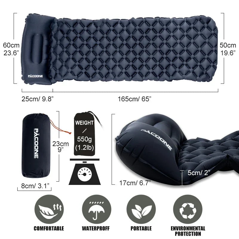 Navy blue ultralight outdoor camping air mattress with integrated pillow and compact storage bag — view 2