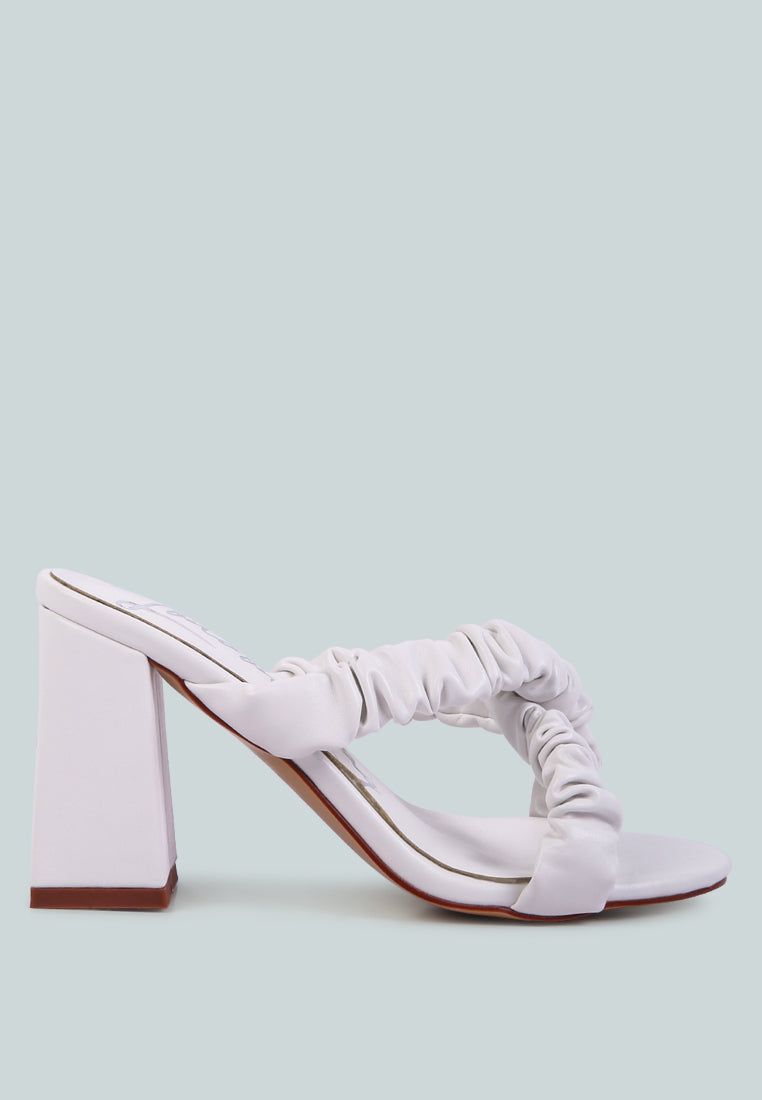 Page 3 scrunchie strap block sandals in faux leather with gathered ruched cross straps