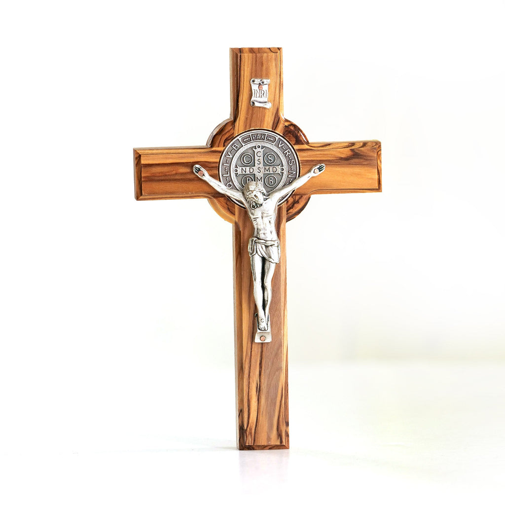 St. Benedikt Kreuz aus Olivenholz | Schutzkreuz als Wandkreuz & Geschenk zur Taufe, Kommunion oder Firmung-0