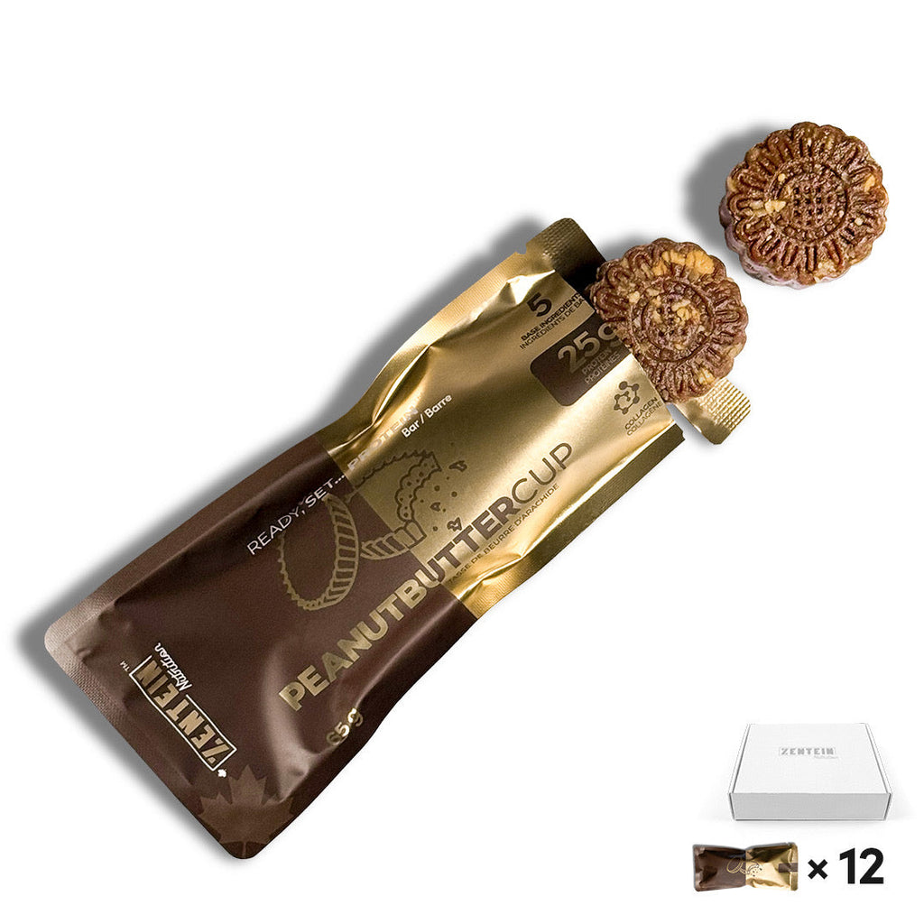 Box of 12 peanut butter cup protein bars with premium dark chocolate and natural oats