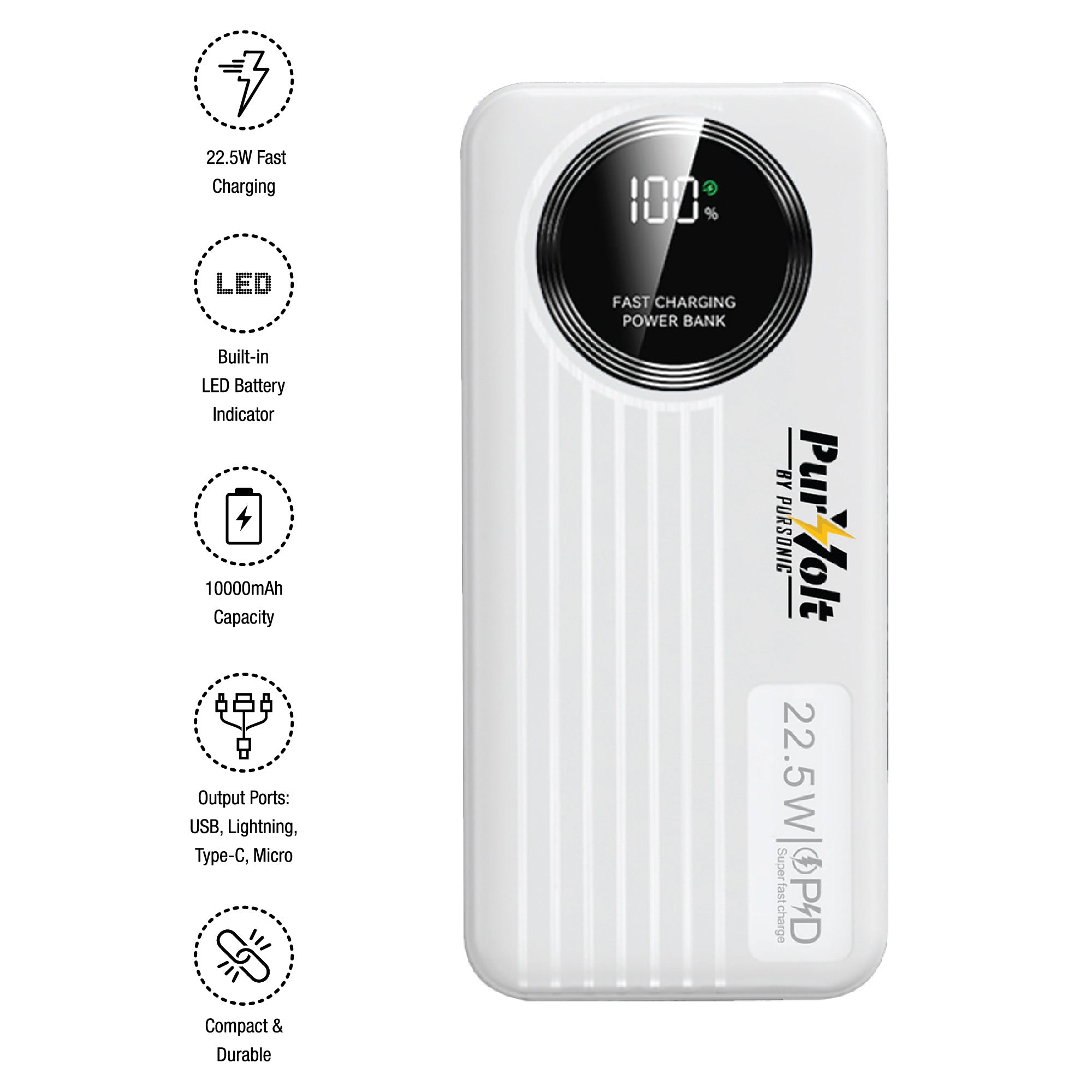 Pursonic 10,000mAh fast charging portable power bank with four built-in cables and LED digital battery display — view 2