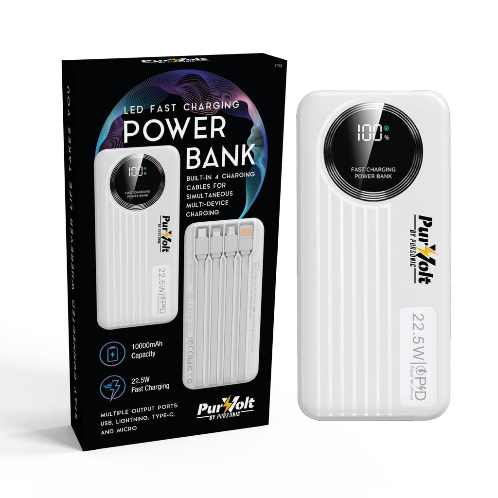 Compact 10,000mAh fast charging portable power bank featuring four built-in cables and an LED display indicator