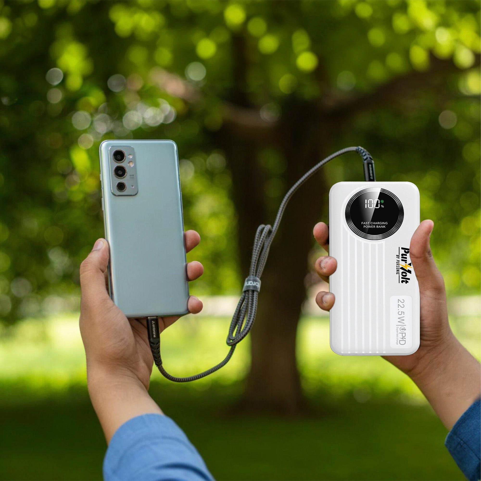 Pursonic 10,000mAh fast charging portable power bank with four built-in cables and LED digital battery display — view 3