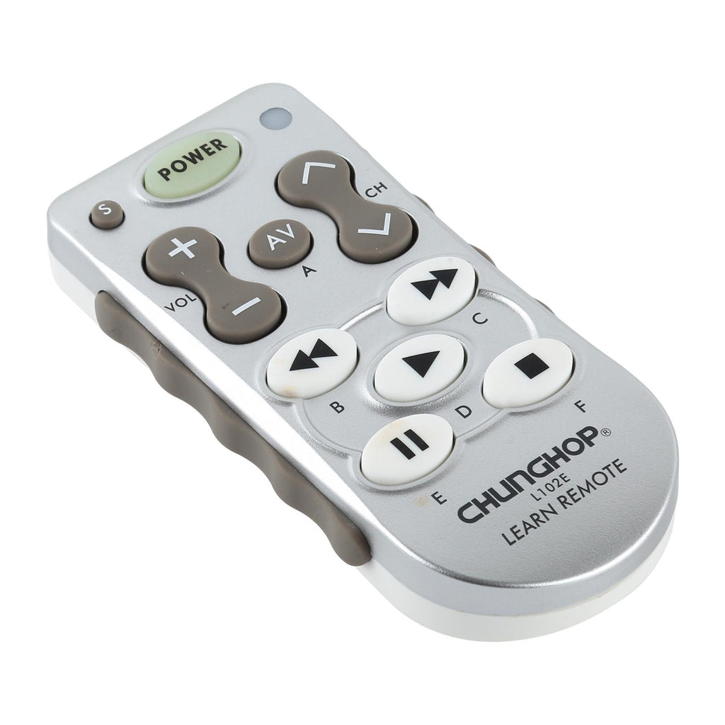 Universal learning remote control in black plastic, featuring multiple home appliance buttons and ergonomic design