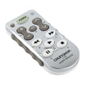 Universal learning remote control in black plastic, featuring multiple home appliance buttons and ergonomic design