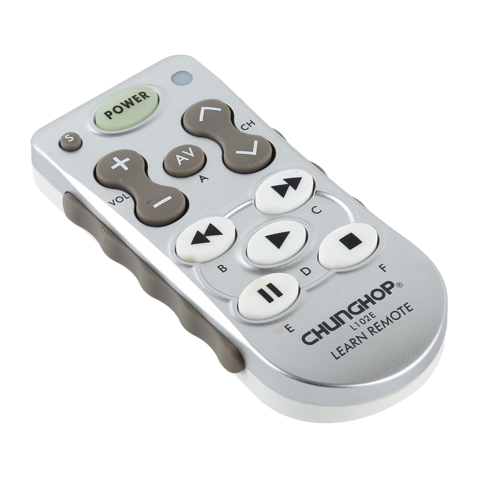 Universal learning remote control in black plastic, featuring multiple home appliance buttons and ergonomic design