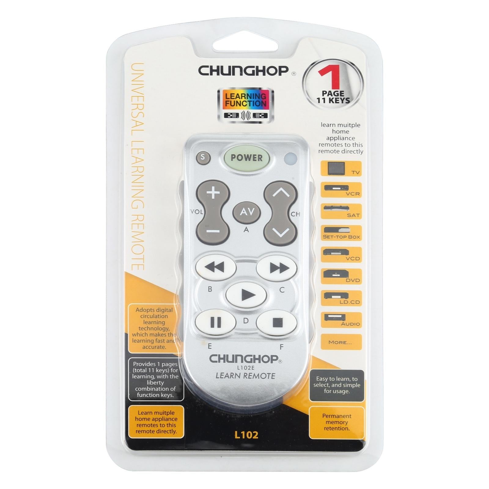 Universal learning remote control in black plastic, featuring multiple home appliance buttons and ergonomic design — view 4