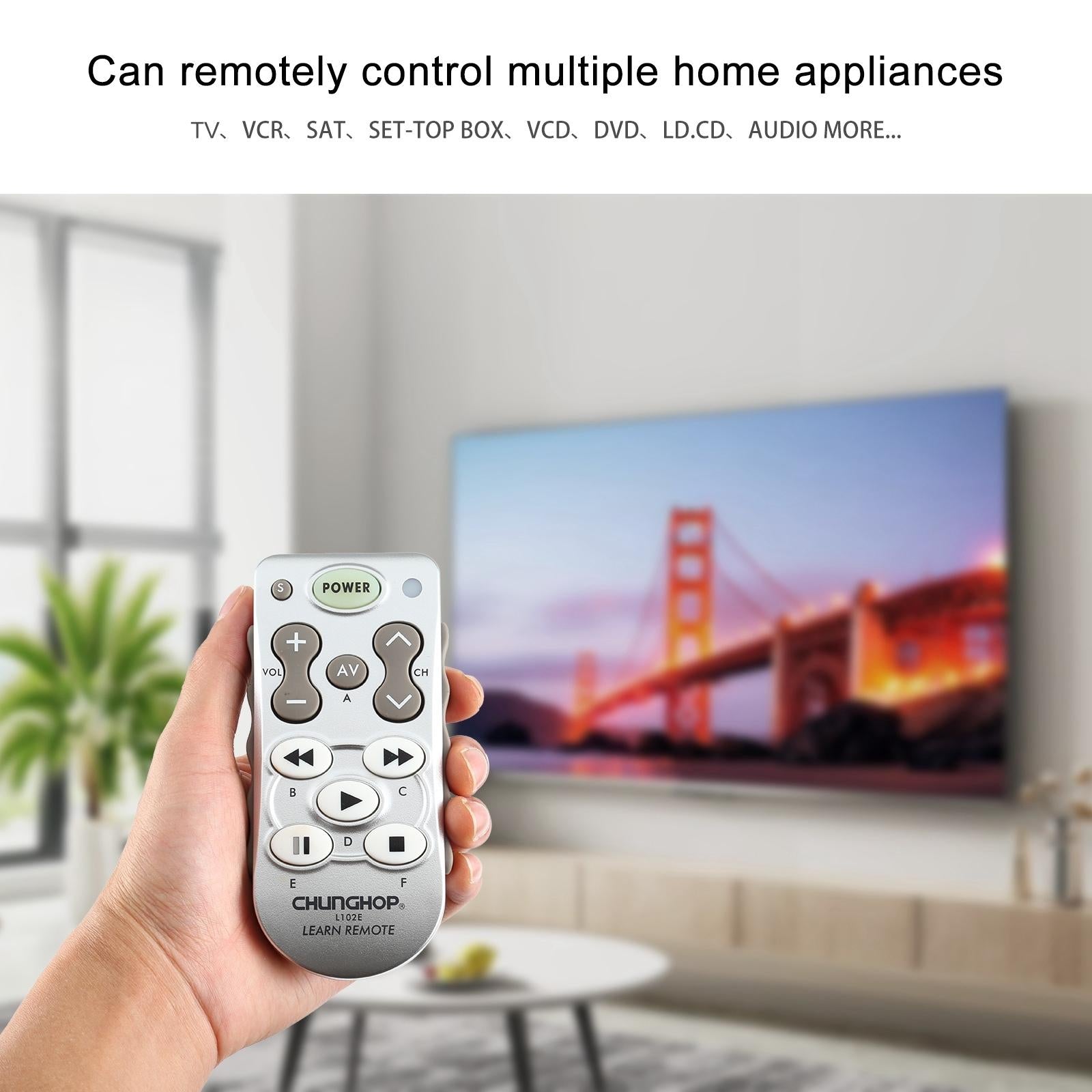 Universal learning remote control in black plastic, featuring multiple home appliance buttons and ergonomic design — view 5
