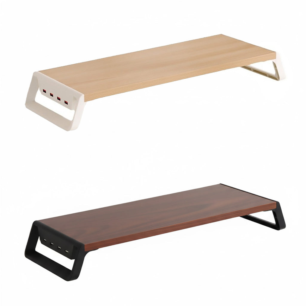 Wooden computer monitor stand riser with built-in four port USB hub and smooth rounded corners — view 2