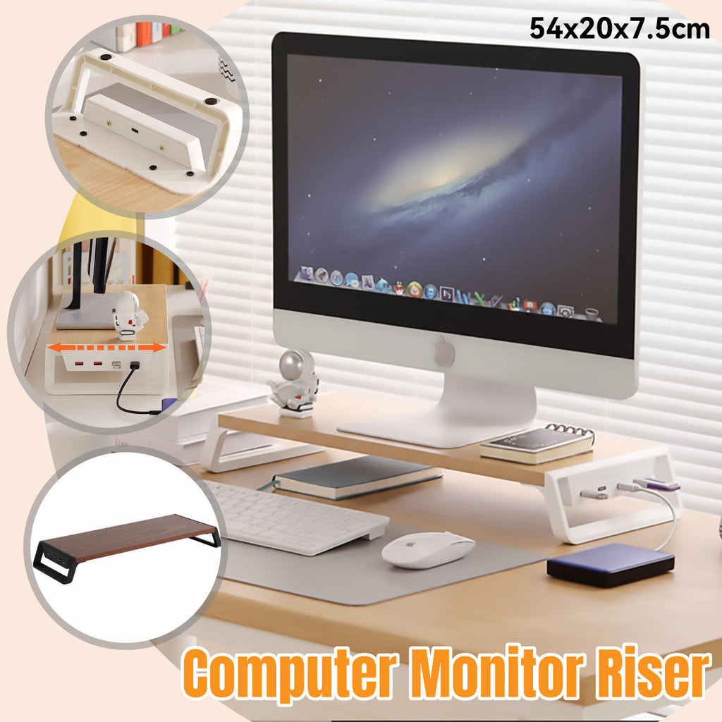 Wooden computer monitor stand riser with built-in four port USB hub and smooth rounded corners